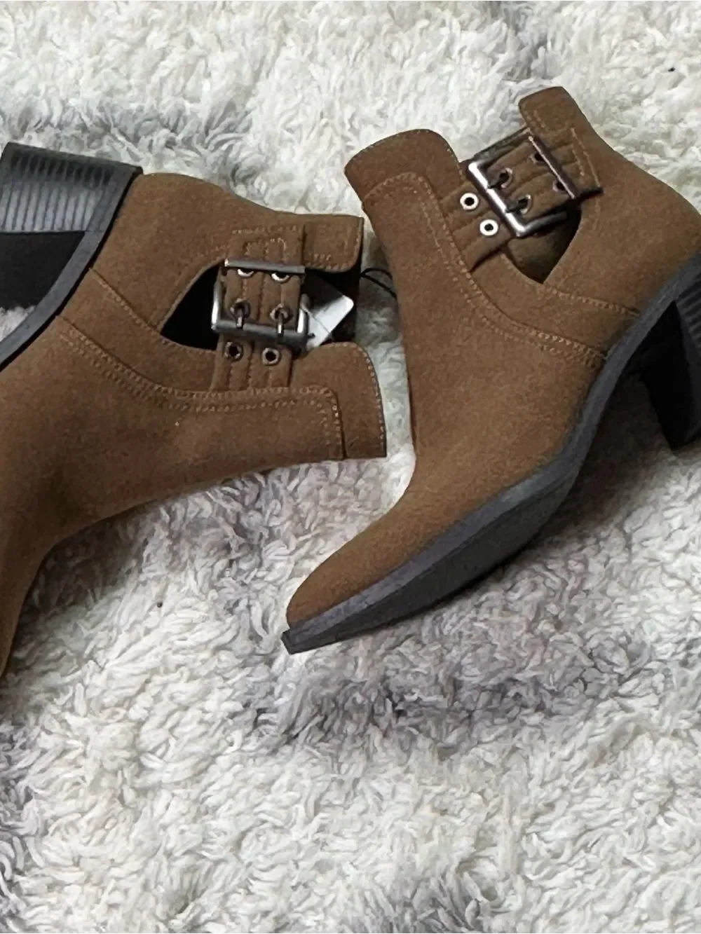 a.n.a Brown Suede-Look Ankle Booties with Buckle Accent